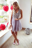 A-Line V-Neck Short Lilac Tulle Homecoming Dress with Lace PG194 - Pgmdress