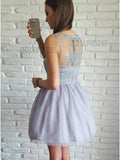 A-Line V-Neck Short Lilac Tulle Homecoming Dress with Lace PG194 - Pgmdress