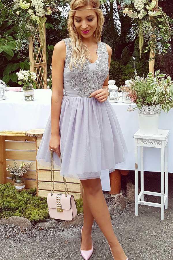 A-Line V-Neck Short Lilac Tulle Homecoming Dress with Lace PG194 - Pgmdress