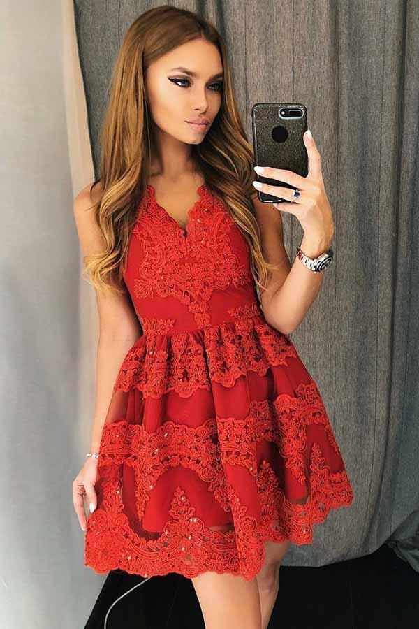 A-Line V-Neck Short Red Tulle Homecoming Dress with Appliques Beading PD082 - Pgmdress