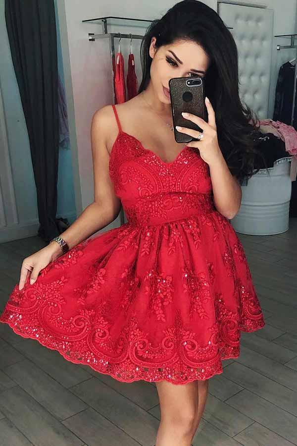 A-Line V-Neck Short Red Tulle Homecoming Dress with Appliques Beading PD082 - Pgmdress