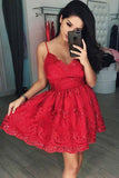 A-Line V-Neck Short Red Tulle Homecoming Dress with Appliques Beading PD082