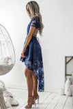 A-Line V-Neck Short Sleeves Blue Lace Homecoming Dress PD001 - Pgmdress