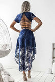 A-Line V-Neck Short Sleeves Blue Lace Homecoming Dress PD001 - Pgmdress