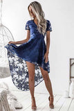 A-Line V-Neck Short Sleeves Blue Lace Homecoming Dress PD001