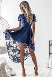 A-Line V-Neck Short Sleeves Blue Lace Homecoming Dress PD001 - Pgmdress