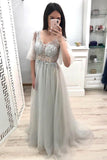 A Line V Neck Short Sleeves Grey Prom Dresses Long Tulle Prom Gown PM202 - Pgmdress