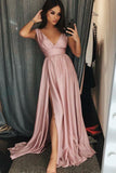 A-Line V-Neck Sleeves Pink Satin Prom/Evening Dress with Split PG744 - Pgmdress