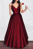 A-line V-neck Spaghetti Strap Burgundy Prom Dresses Long Evening Gowns   PG679