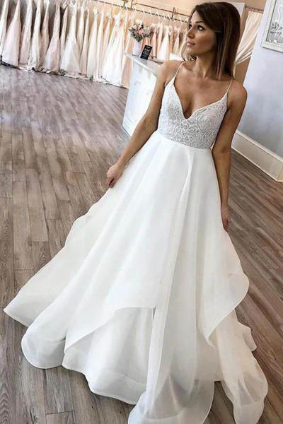 A-line V-neck Spaghetti Strap Charming Organza Wedding Dresses US6 / Ivory