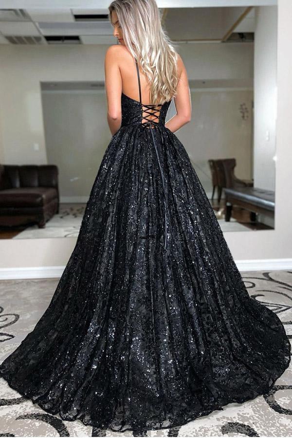 A Line V Neck Sequins Spaghetti Straps Black Long Prom Dress PSK224-Pgmdress