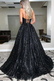A Line V Neck Spaghetti Straps Black Sequins Prom/Evening Dresses PSK224 - Pgmdress