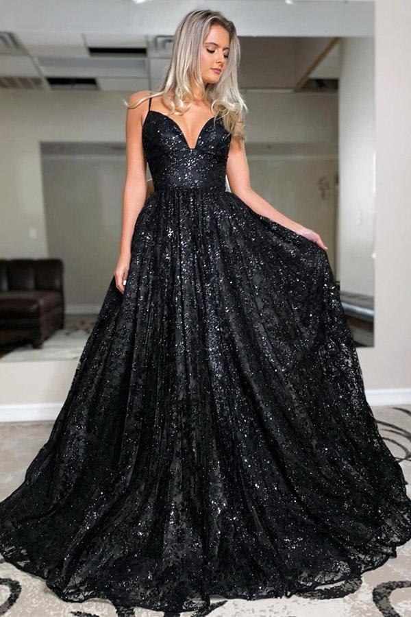 A Line V Neck Sequins Spaghetti Straps Black Long Prom Dress PSK224-Pgmdress