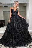 A Line V Neck Spaghetti Straps Black Sequins Prom/Evening Dresses PSK224 - Pgmdress