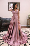 A Line V Neck Spaghetti Straps Cross Back Blush Long Prom Dresses PG818 - Pgmdress