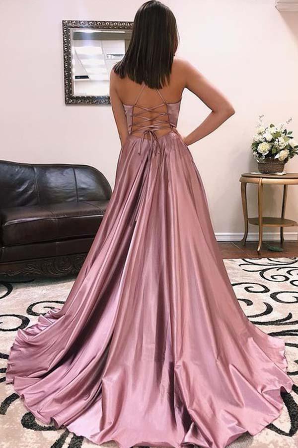 A Line V Neck Spaghetti Straps Cross Back Blush Long Prom Dresses PG818 - Pgmdress