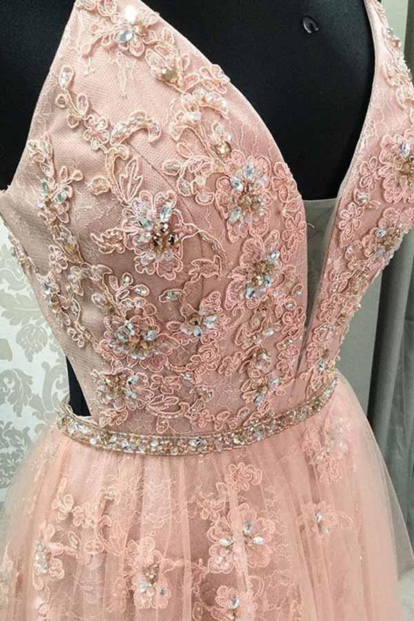 A-line spaghetti straps V-neck Prom Dresses With Train, PD0044