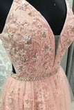 A-line V Neck Spaghetti Straps Open Back Blush Lace Long Prom Dresses PG720 - Pgmdress