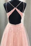 A-line V Neck Spaghetti Straps Open Back Blush Lace Long Prom Dresses PG720 - Pgmdress