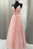 A-line V Neck Spaghetti Straps Open Back Blush Lace Long Prom Dresses PG720