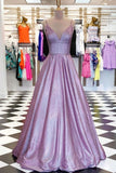 A-line V-neck Spaghetti Straps Purple Prom/Evening Dress with Pockets PSK167 - Pgmdress