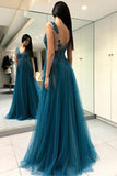 A-Line V-Neck Split Turquoise Tulle Prom Dress with Appliques Beading PG763