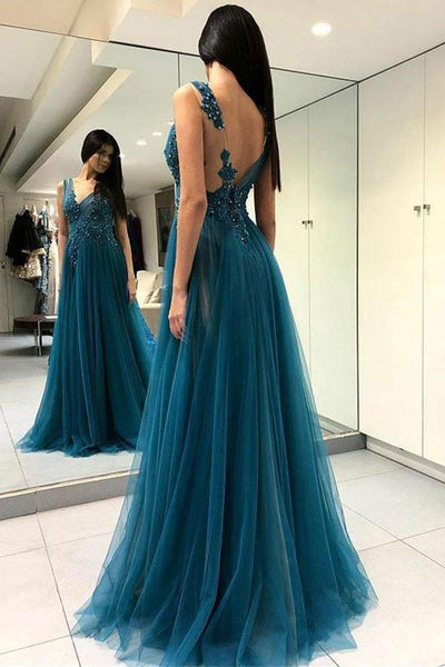 A-Line V-Neck Split Turquoise Tulle Prom Dress with Appliques PG763 Pgmdress A-Line V-Neck Split Turquoise Tulle Prom Dress with Appliques PG763 Pgmdress