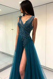 A-Line V-Neck Split Turquoise Tulle Prom Dress with Appliques Beading PG763 - Pgmdress