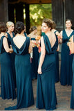 A-Line V-Neck Sweep Train Backless Navy Blue Bridesmaid Dress BD081 - Pgmdress