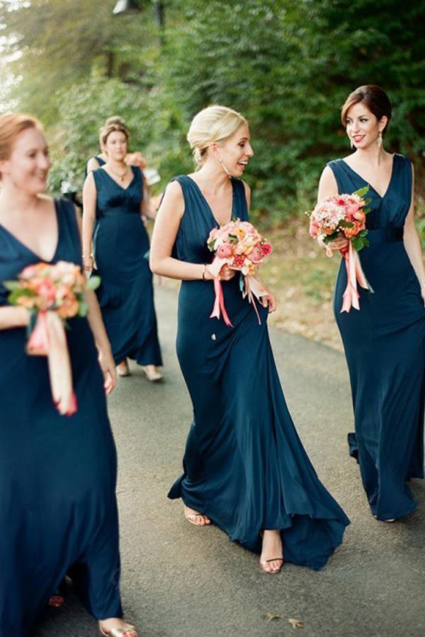 A-Line V-Neck Sweep Train Backless Navy Blue Bridesmaid Dress BD081 - Pgmdress