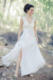 A-Line V-Neck Sweep Train Chiffon Beach Wedding Dress with Lace WD262 - Pgmdress