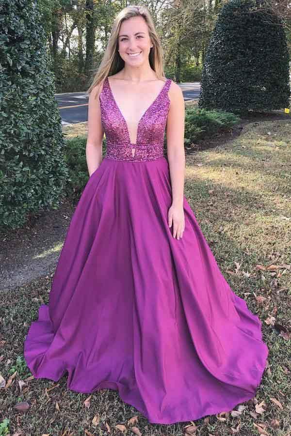 A-Line V-Neck Sweep Train Fuchsia Prom Dress with Beading Pockets PSK051 - Pgmdress