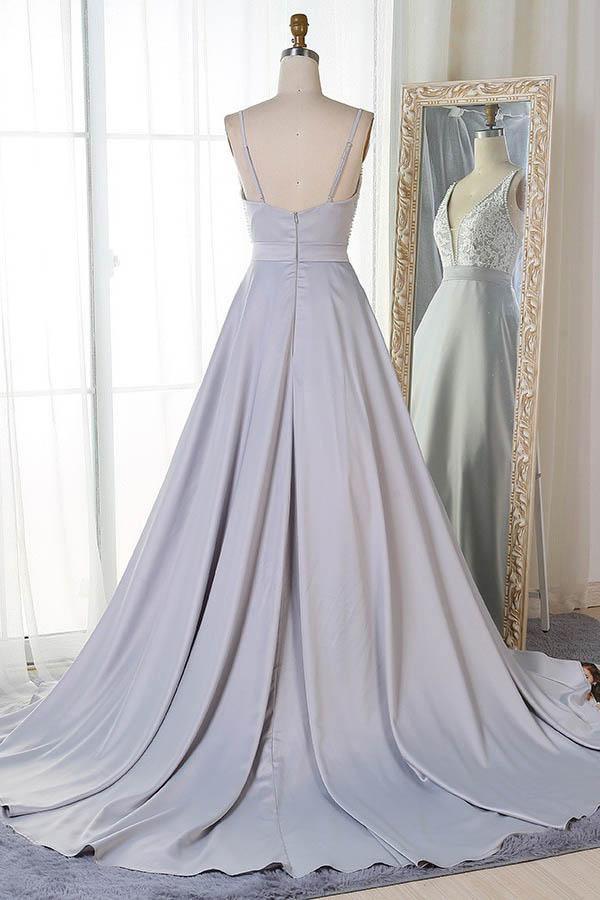 A-Line V-Neck Sweep Train Grey Satin Prom Dress with Appliques PG806 - Pgmdress