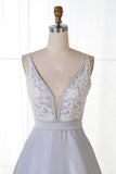 A-Line V-Neck Sweep Train Grey Satin Prom Dress with Appliques PG806 - Pgmdress
