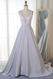 A-Line V-Neck Sweep Train Grey Satin Prom Dress with Appliques PG806