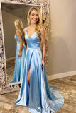 A-Line V-Neck Sweep Train Light Blue Prom Dress with Split PM207 - Pgmdress