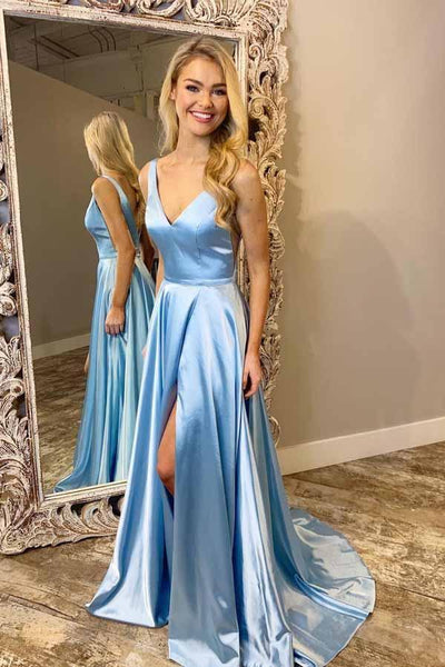 open lace back dress A-Line V-Neck Sweep Train Light Blue Prom Dress with Split US8 / Custom Color