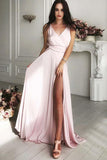 A-Line V-Neck Sweep Train Pink Satin Prom Dress with Split PG657 - Pgmdress