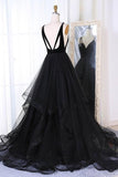 A-Line V-Neck Sweep Train Pleated Tiered Black Tulle Prom Dress PG805 - Pgmdress