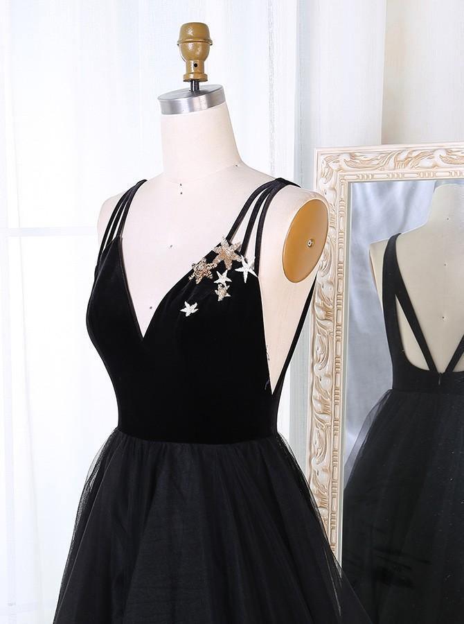 A-Line V-Neck Sweep Train Pleated Tiered Black Tulle Prom Dress PG805 - Pgmdress