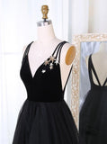 A-Line V-Neck Sweep Train Pleated Tiered Black Tulle Prom Dress PG805 - Pgmdress