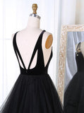 A-Line V-Neck Sweep Train Pleated Tiered Black Tulle Prom Dress PG805 - Pgmdress