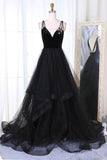 A-Line V-Neck Sweep Train Pleated Tiered Black Tulle Prom Dress PG805