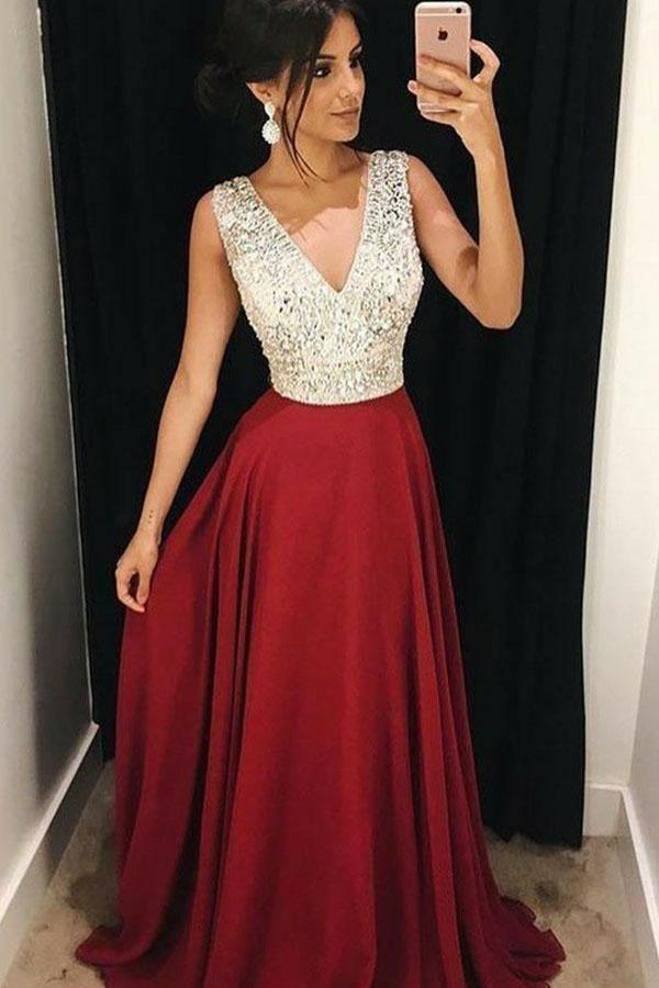A-Line V-Neck Sweep Train Red Satin Prom Dress with Beading PG786 - Pgmdress
