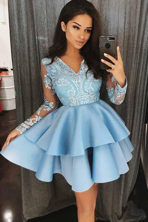 A-Line V-Neck Tiered Blue Satin Homecoming Dress with Appliques PD023 - Pgmdress