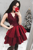 A-Line V-Neck Tiered Dark Burgundy Homecoming/Party Dress with Lace  PD032