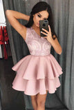 A-Line V-Neck Tiered Satin Homecoming Prom Dress with Appliques PD077 - Pgmdress