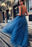 A-Line V-Neck Tulle Backless Prom Dress with Sequins Appliques PG655 - Pgmdress