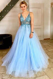A-Line V-Neck Tulle Backless Prom Dress with Sequins Appliques PG655 - Pgmdress