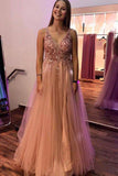 A-Line V-Neck Tulle Backless Prom Dress with Sequins Appliques PG655 - Pgmdress